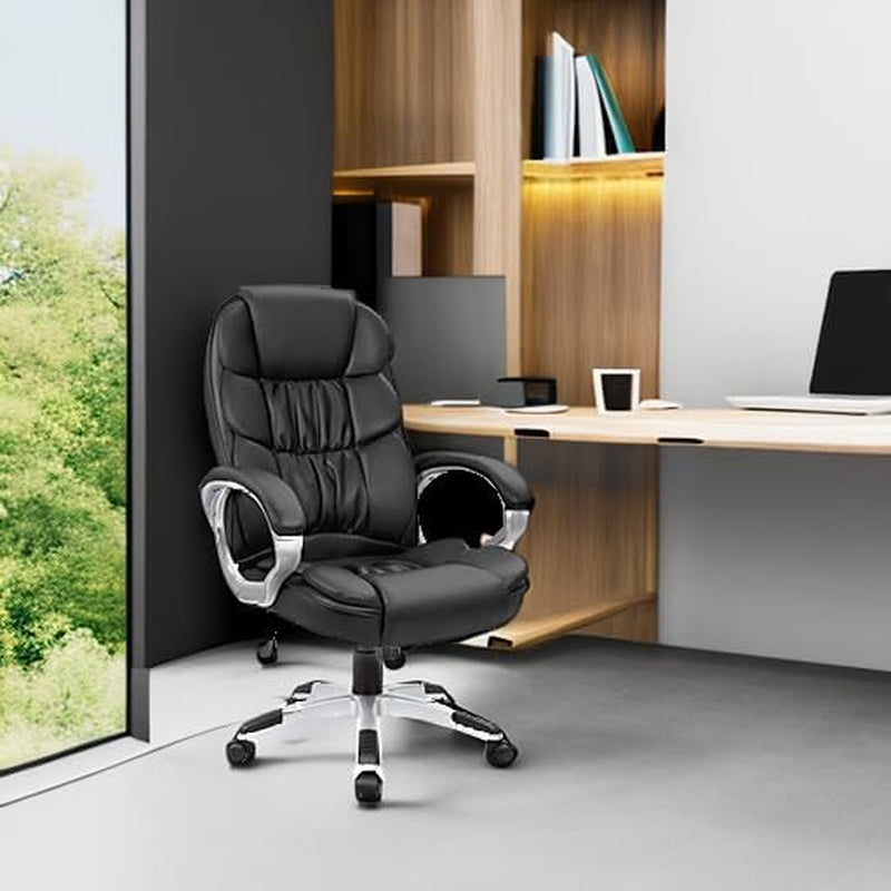 Office Chair High Back Computer Desk Chair, PU Leather Adjustable Height Modern Executive Swivel Task Chair with Padded Armrests and Lumbar Support (Black)
