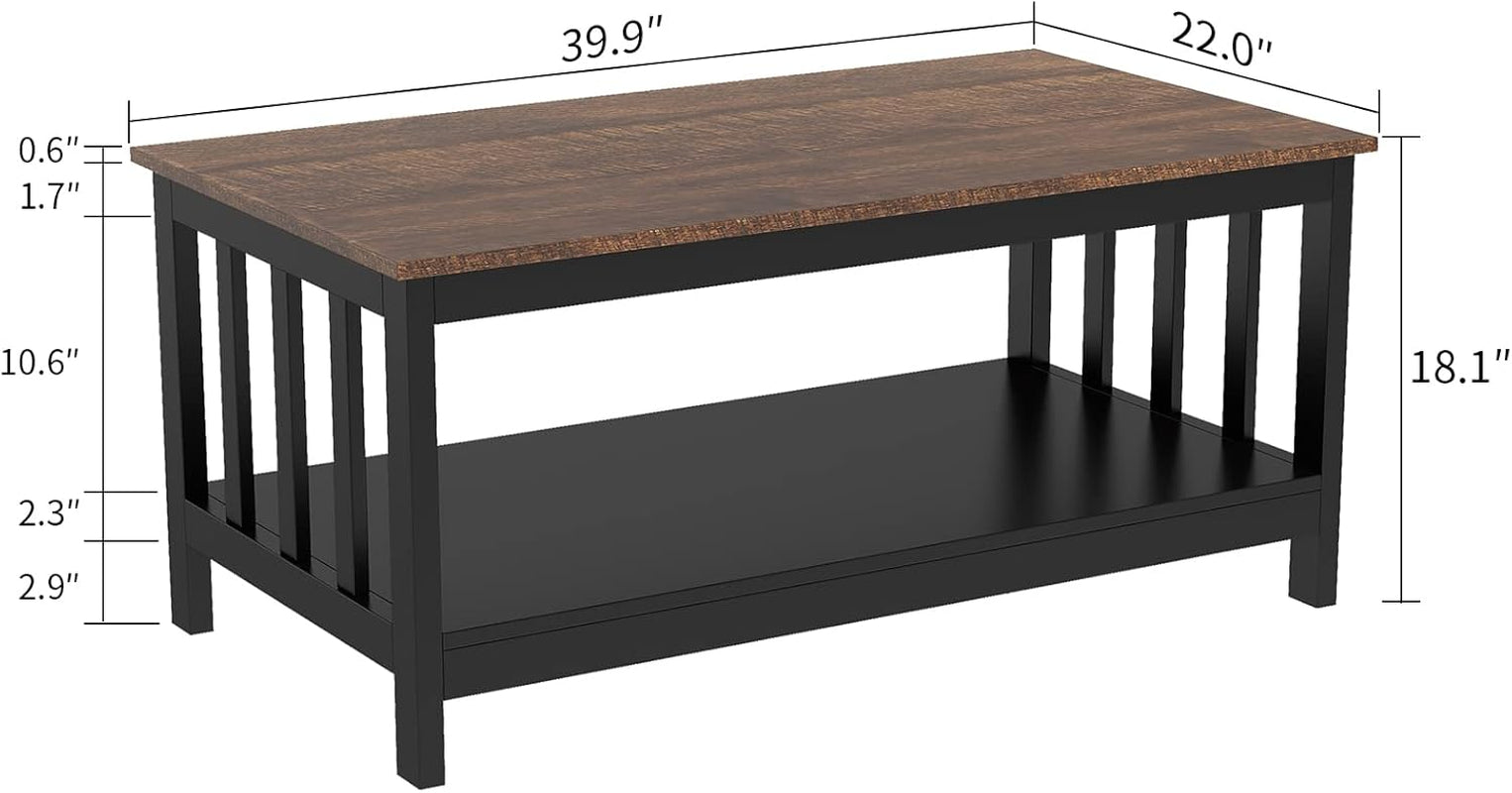 Farmhouse Coffee Table, Black Living Room Table with Shelf, 40 Inch
