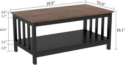 Farmhouse Coffee Table, Black Living Room Table with Shelf, 40 Inch