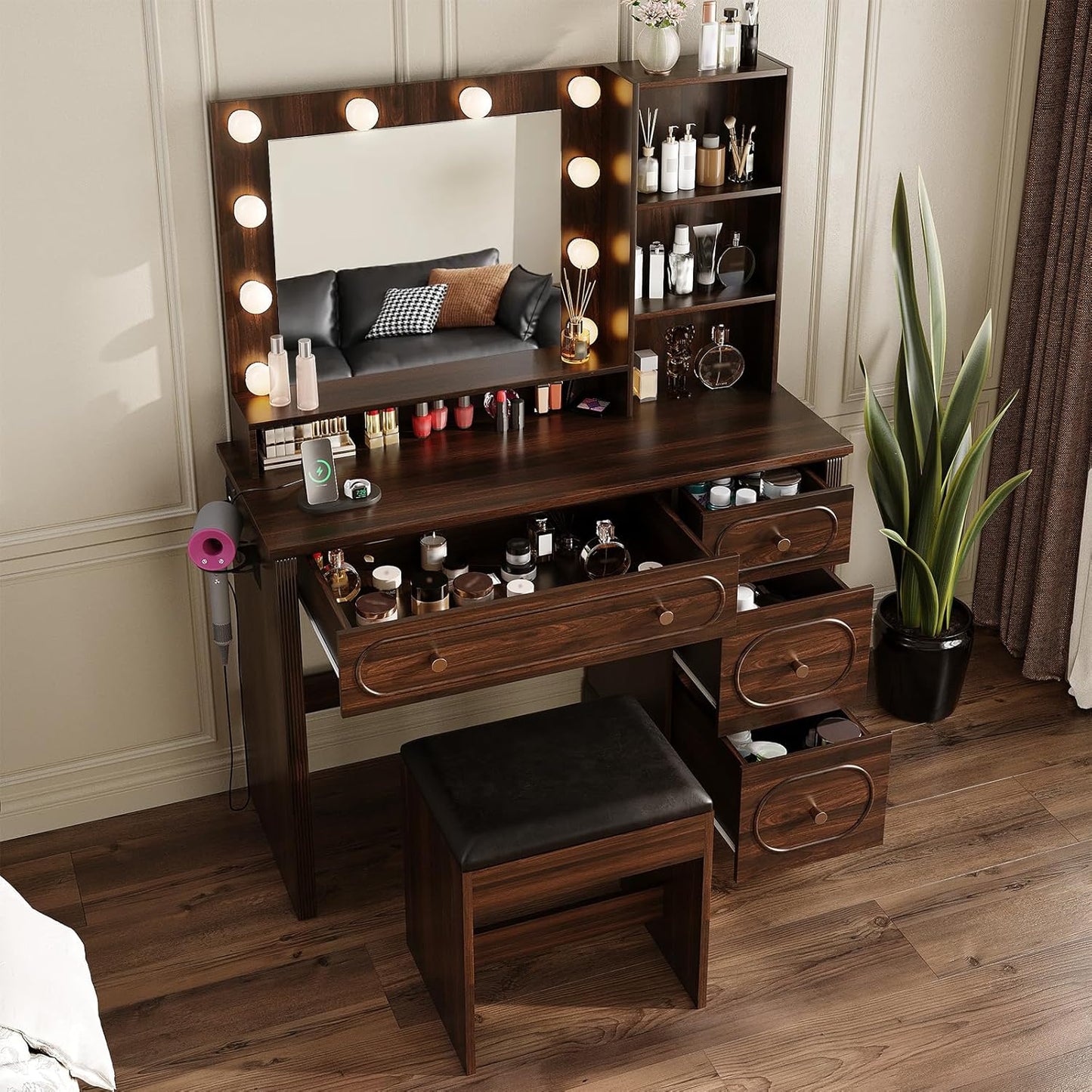 42" W Walnut Makeup Vanity Desk with Mirror and Lights and Charging Station, Dark Brown Wood Vanity with Open Storage and Drawers and Stool Chair, Dressing Table Make up Desk for Bedroom