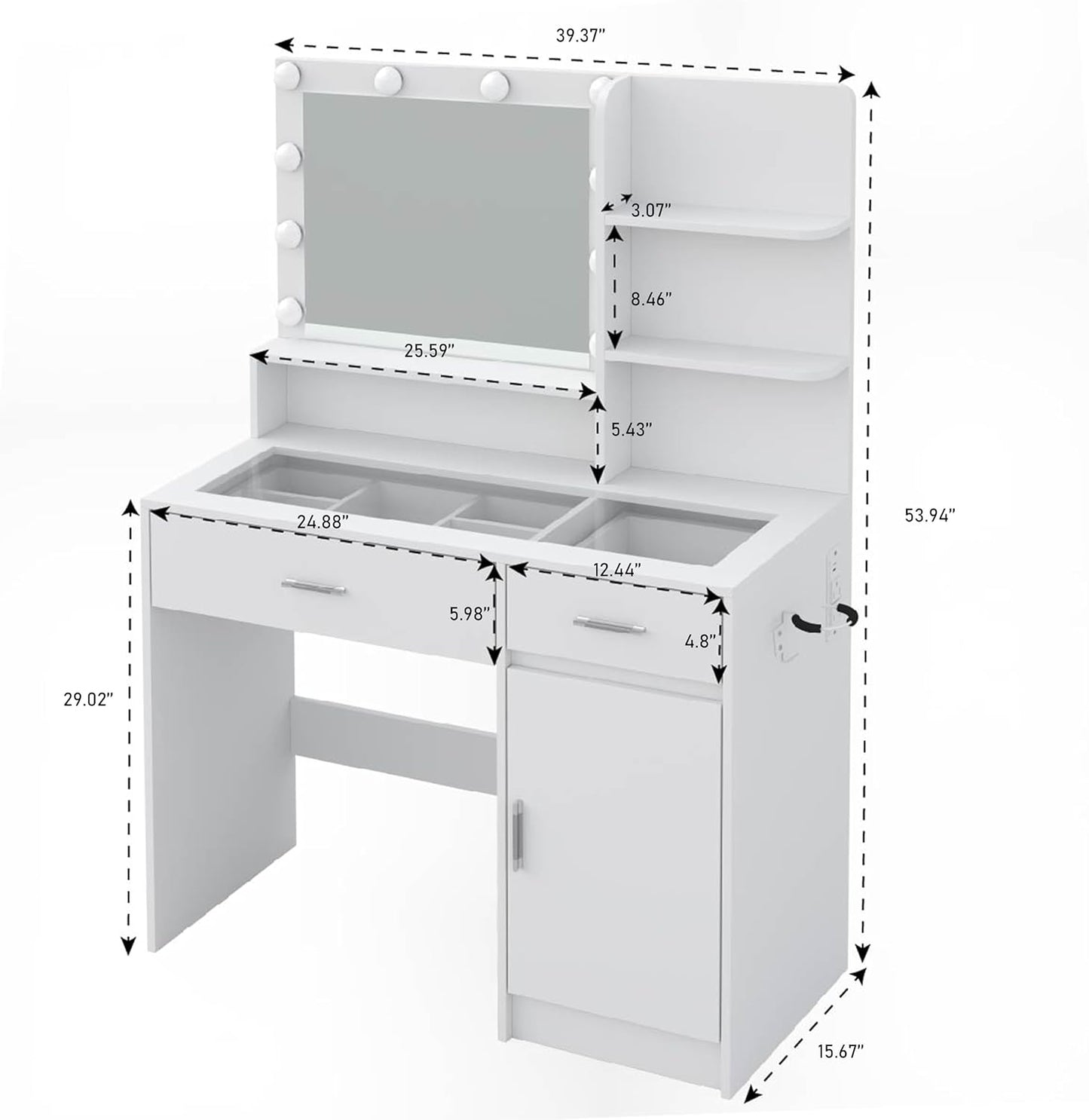 43" W Vanity Desk with Mirror & 11 Lights,Modern Makeup Desk with 5 Drawers & Cushioned Stool,3 Lighting Modes Brightness Adjustable,Power Outlet,Bedroom Dressing Table, Pink (3 Drawers) (White)