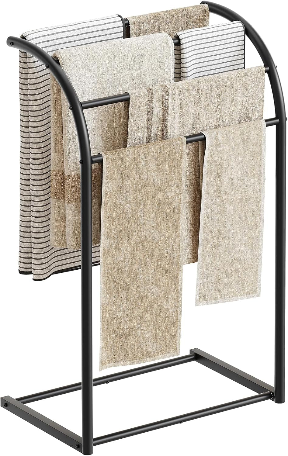 Free Standing Towel Rack, 4-Tier Blanket Rack for Bathroom, Curved Top Pool Towel Stand Display and Drying Rack, Modern Towel Storage Organizer, Black CJ07BK