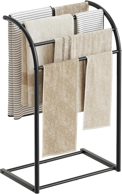 Free Standing Towel Rack, 4-Tier Blanket Rack for Bathroom, Curved Top Pool Towel Stand Display and Drying Rack, Modern Towel Storage Organizer, Black CJ07BK