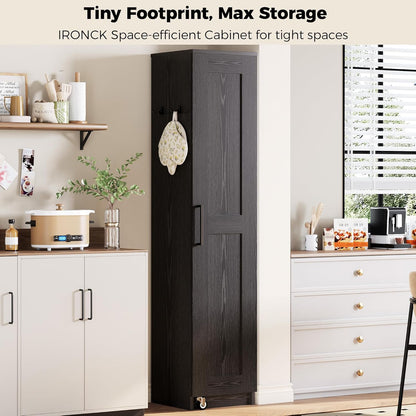 Narrow Kitchen Pantry Storage Cabinet, 72" Slim Single Door with 6 Adjustable Shelves, Door Rack and Wheels, Space Saving Freestanding Storage Floor Cabinet for Small Place, Black