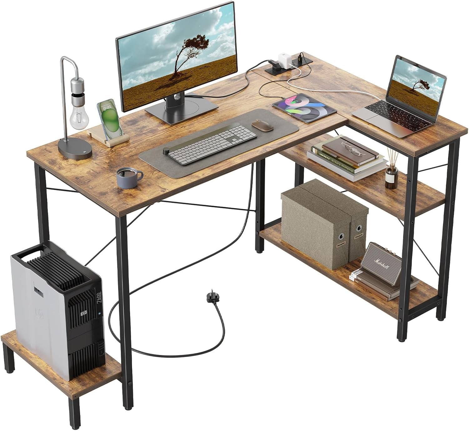 Small Computer Desk with Power Outlets, 40 Inch L Shaped Desk with CPU Stand & Reversible Shelves, Gaming Corner Desk Study Writing Table for Home Office Bedroom, Rustic Brown