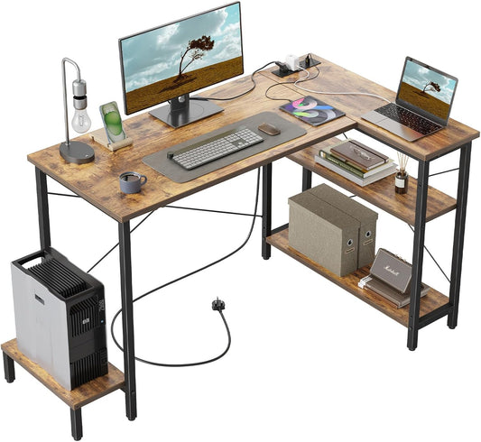 Small Computer Desk with Power Outlets, 40 Inch L Shaped Desk with CPU Stand & Reversible Shelves, Gaming Corner Desk Study Writing Table for Home Office Bedroom, Rustic Brown