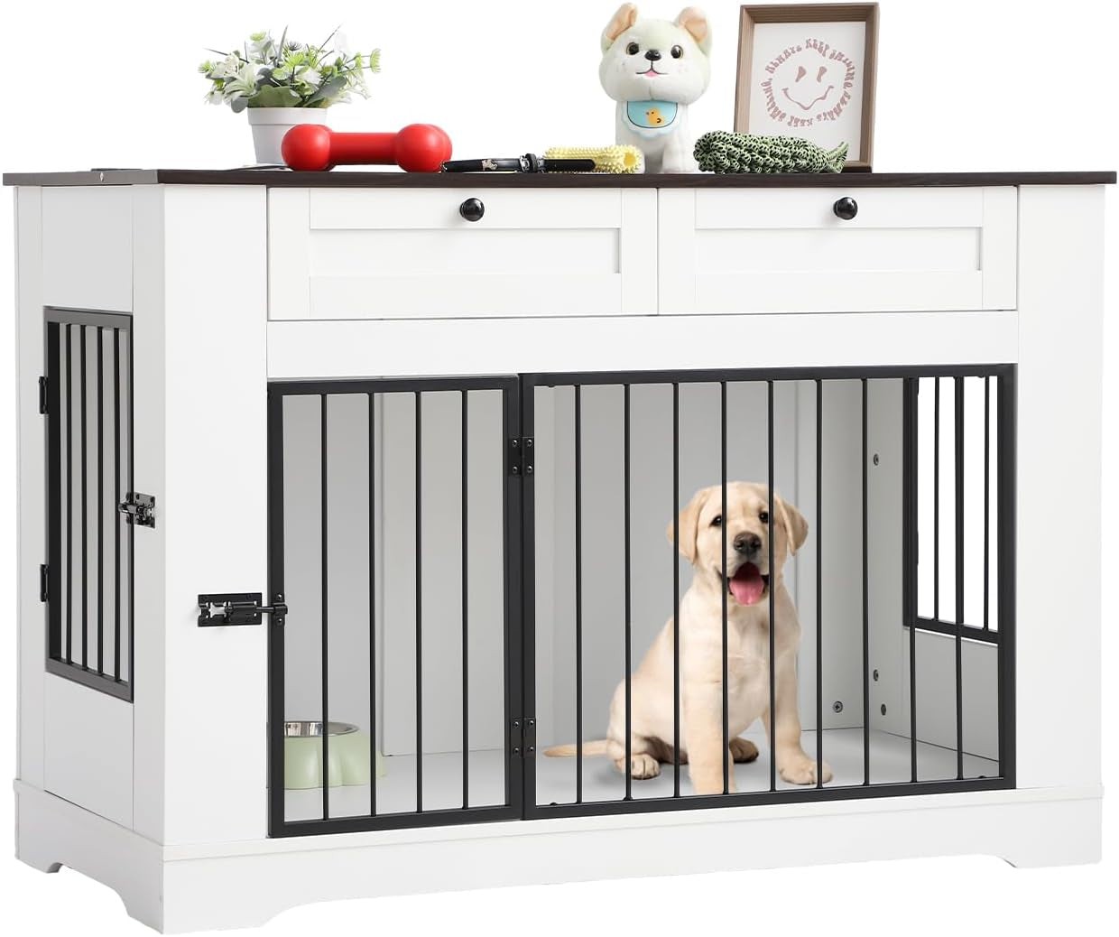 Dog Crate Furniture, Heavy Duty Dog Kennel Furniture for Medium Dogs, Wooden Double Dog Kennel Furniture with 2 Storage Drawers, Tv Stand Dog Cage with Power Outlet (White, 47“)