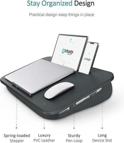 Lap Desk, Portable Laptop Stand with Washable Cushion, Fits up to 17 Inch Laptop, with Device Ledge and Phone Holder, Use on Bed,Couch, Sofa, Floor, Home Office–  (Large, Black)