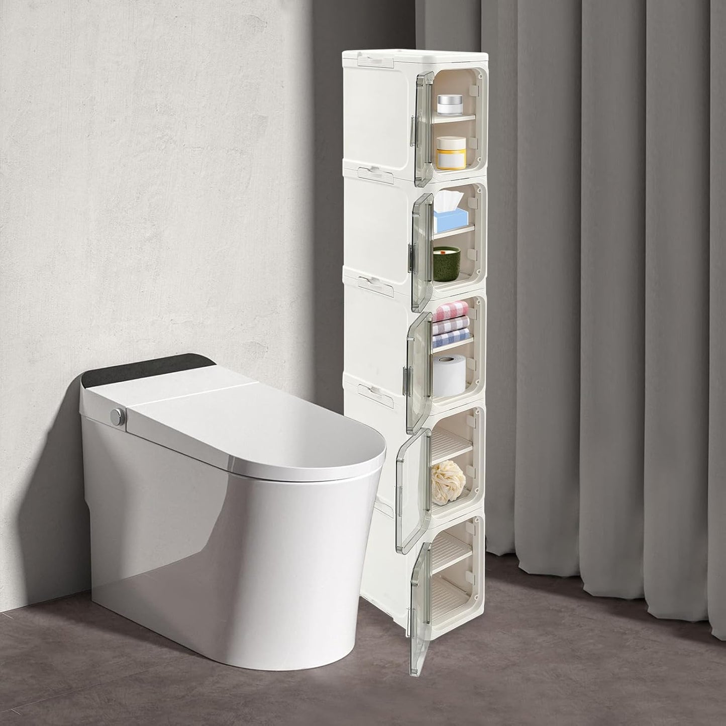 5-Tier Bathroom Storage Cabinet, Narrow Tall Cabinet with 4 Wheels (2 Locking), 15Kg/33Lbs Load Capacity, Slim Organizer for Small Space in Bathroom, Kitchen, Laundry Room (White)​