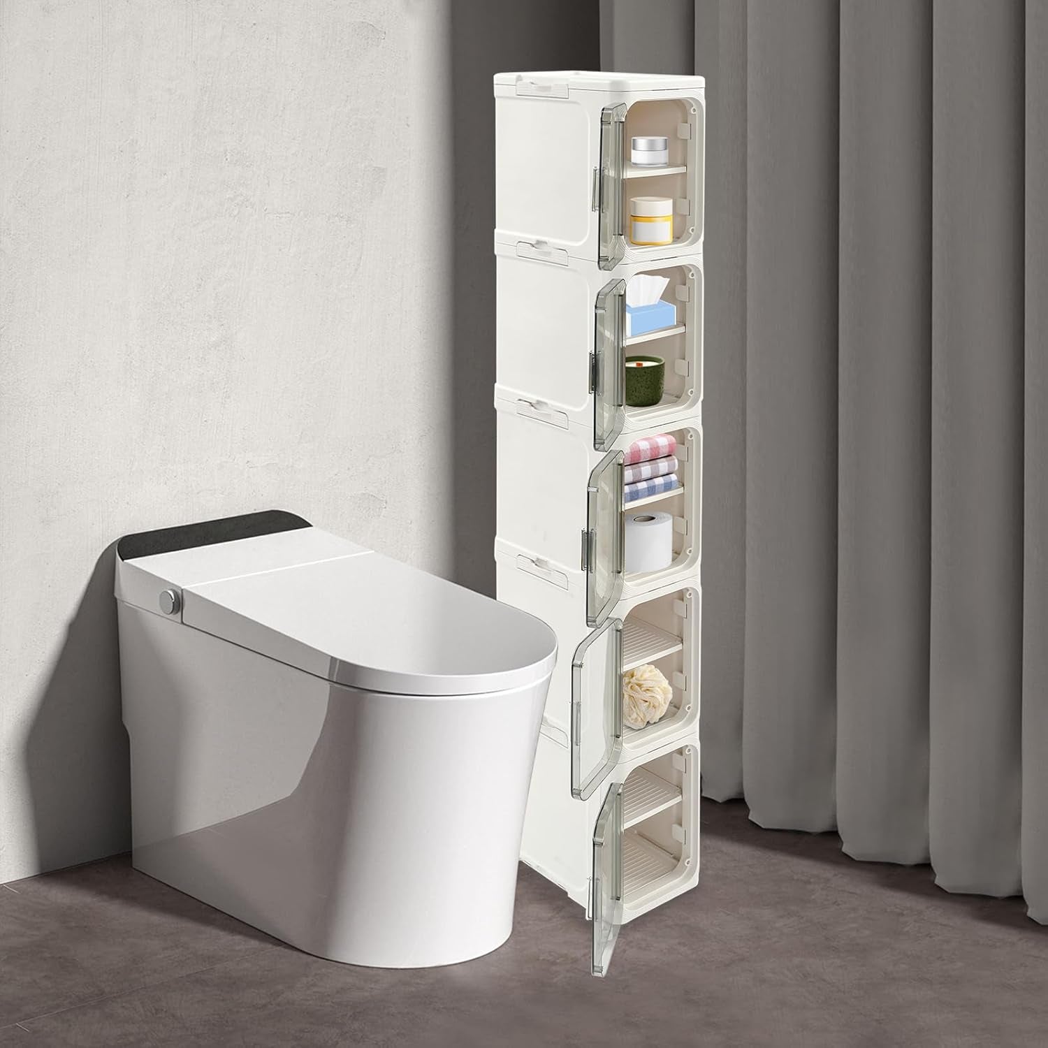 5-Tier Bathroom Storage Cabinet, Narrow Tall Cabinet with 4 Wheels (2 Locking), 15Kg/33Lbs Load Capacity, Slim Organizer for Small Space in Bathroom, Kitchen, Laundry Room (White)​