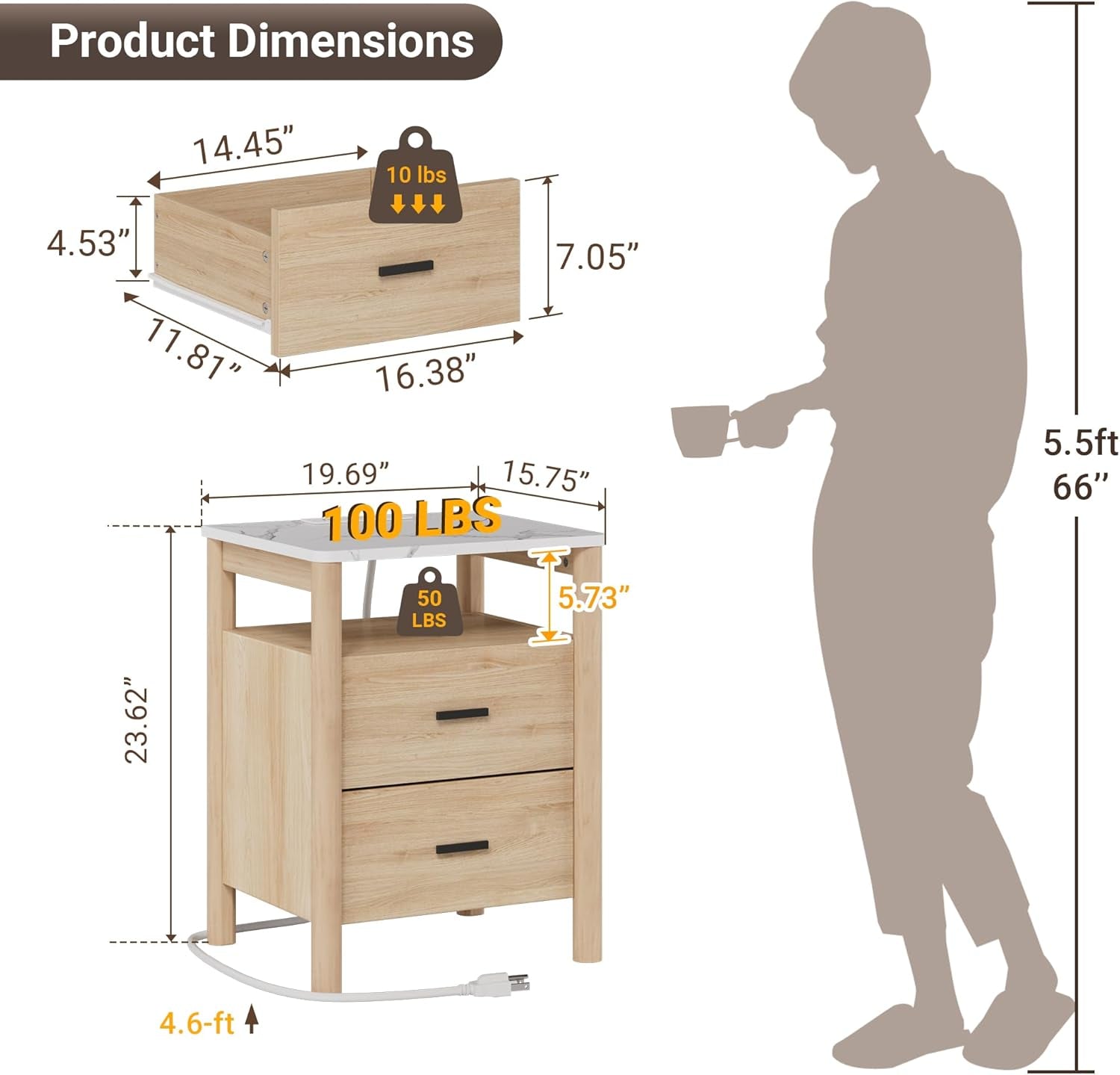 Night Stand Set 2, 20" Wide Nightstands Set of 2, Nightstand with Charging Station & Faux Marble Top, 2 Drawer End Table with Solid round Post Legs, Bedside Table for Bedroom, Natural Oak