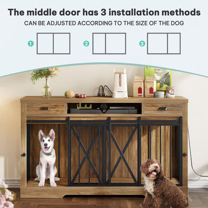 63 Inch Double Dog Crate TV Stand with Charging Station, Heavy Duty Wooden Cage Furniture for 2 Dogs, Dog Kennel Indoor Furniture Double Sliding Barn Door Design Ideal for 2 Dogs, Oak