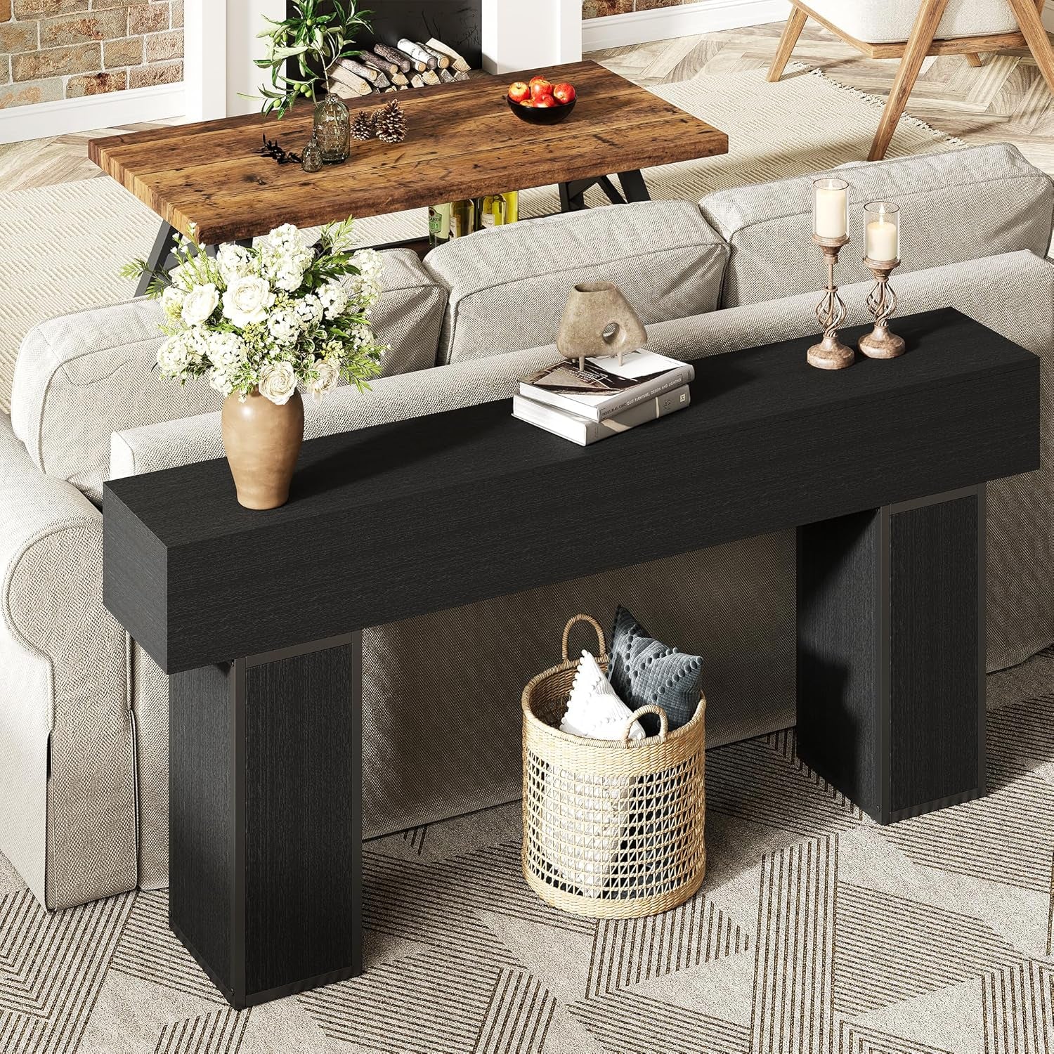 70.9-Inch Long Console Table, Wooden Sofa Table behind Couch Tables, Farmhouse Entryway Table Accent Table for Entrance, Hallway, Living Room, Foyer, Black