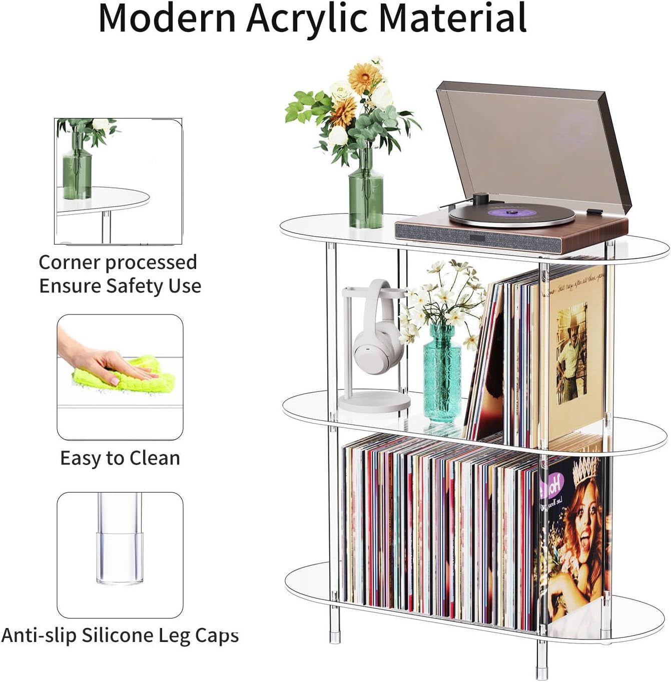 Clear Acrylic Record Player Stand with Vinyl Storage, 31.5" L X 11.8" W X 30.7" H, 3 Tier Oval Side Turntable Table with Large Album Shelf, Modern End Table Bookshelf for Living Room, Bedroom