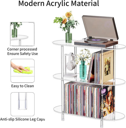 Clear Acrylic Record Player Stand with Vinyl Storage, 31.5" L X 11.8" W X 30.7" H, 3 Tier Oval Side Turntable Table with Large Album Shelf, Modern End Table Bookshelf for Living Room, Bedroom