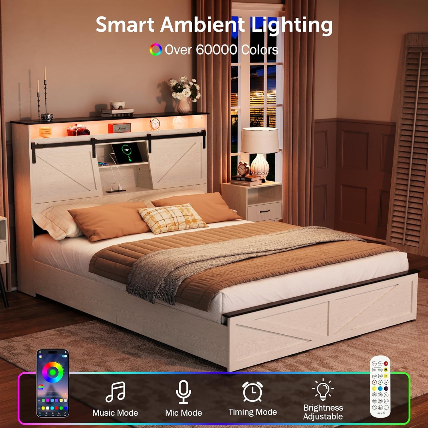 Queen Bed Frame with Barn Door Storage Headboard and 2 Drawers, USB Ports and LED Lights,Wood Platform Bed and All-Steel Support,No Noise,No Box Spring Needed,Antique White