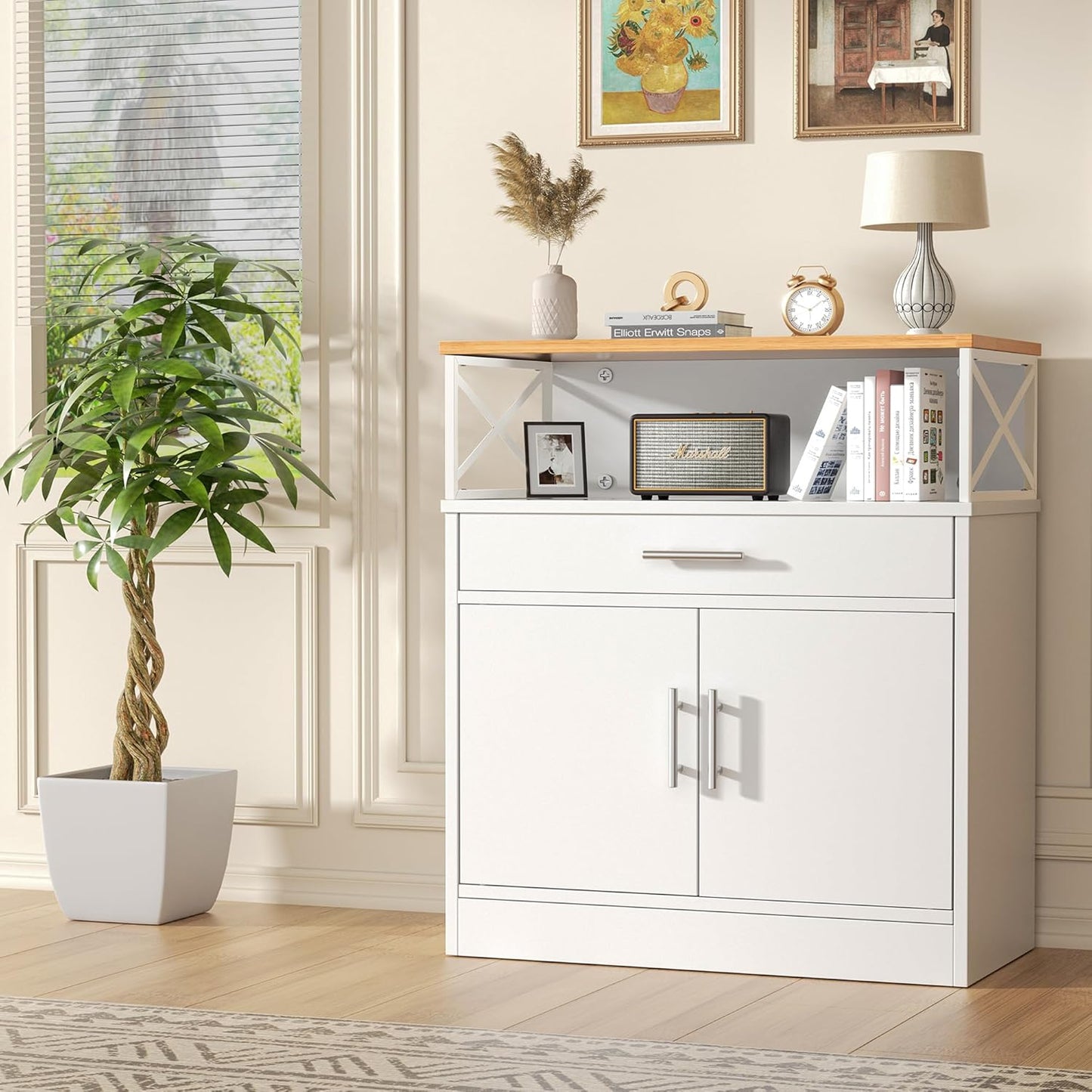 Kitchen Buffet Cabinet with Adjustable Shelf, Modern Kitchen Storage Cabinet,Farmhouse Coffee Bar Cabinet（White）