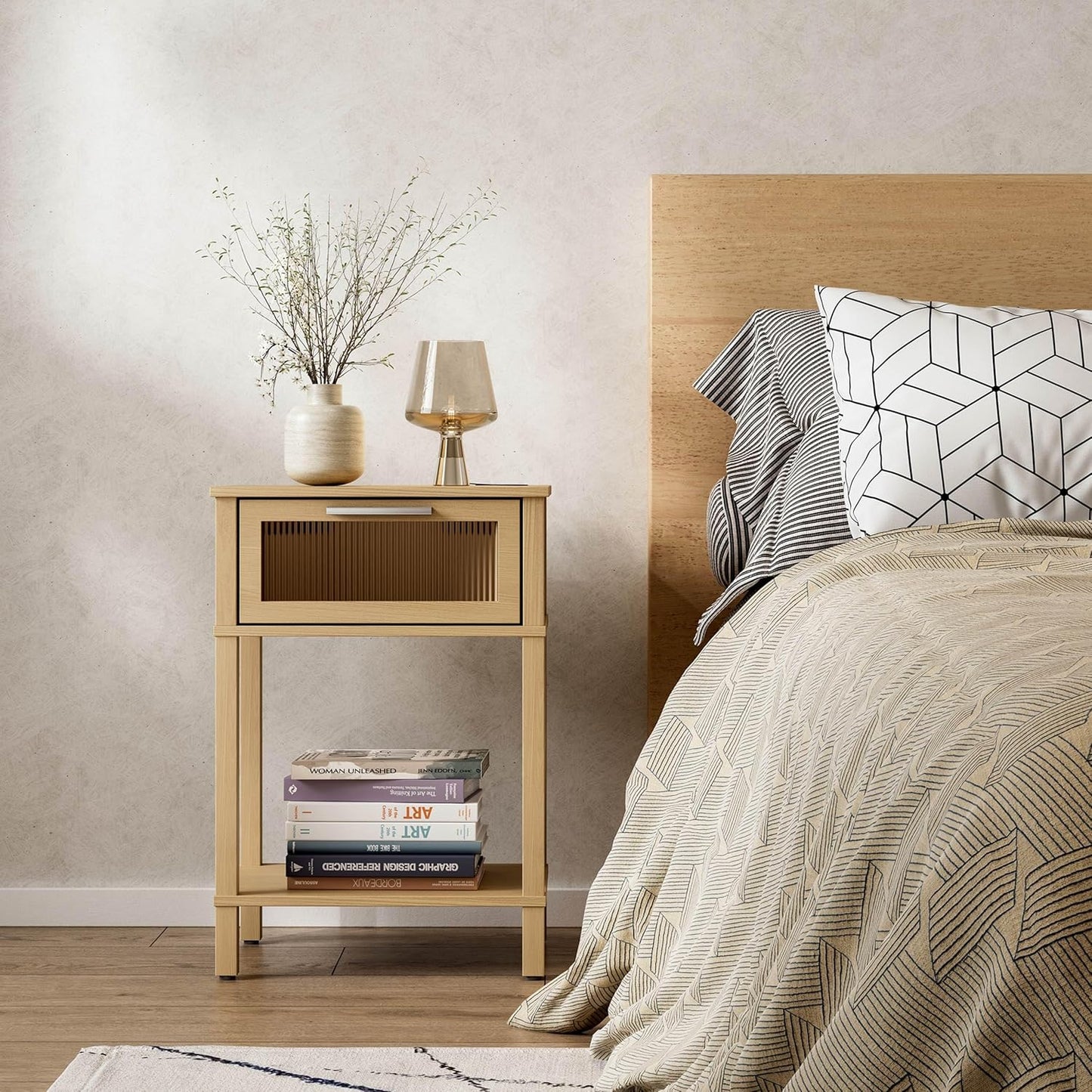 Nightstand Wooden Bedside Table with Drawer Natural Wood Night Stands Modern Style Small End Table Side Table with Storage Shelf for Bedroom Living Room MLBZ10YEV