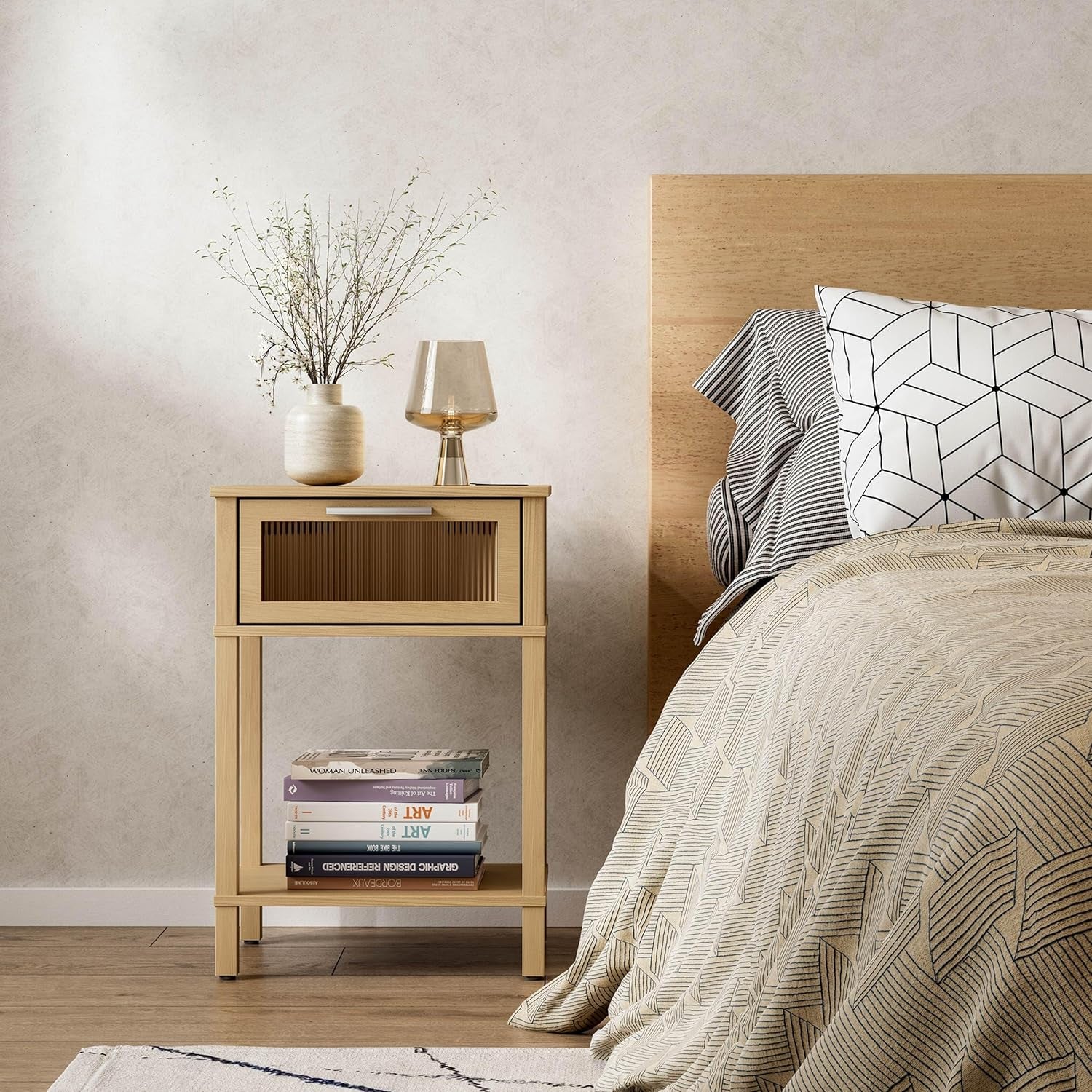 Nightstand Wooden Bedside Table with Drawer Natural Wood Night Stands Modern Style Small End Table Side Table with Storage Shelf for Bedroom Living Room MLBZ10YEV