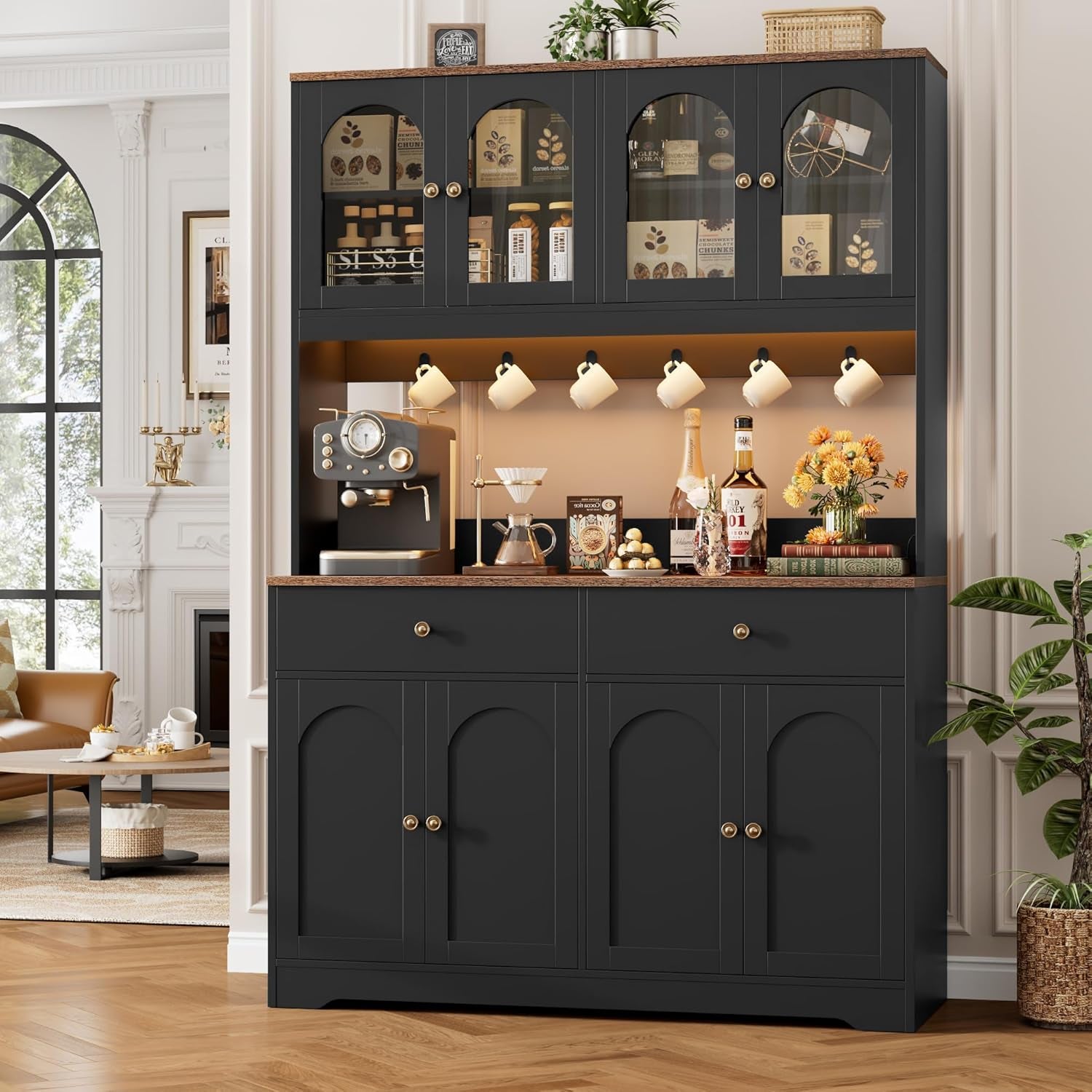 71" LED Kitchen Pantry Cabinet with Power Outlet, Large Kitchen Hutch Storage Cabinet with Arched Door & Shelves & 2 Drawers, Tall Farmhouse Coffee Bar W/Hutch for Home Dining Living Room, Black