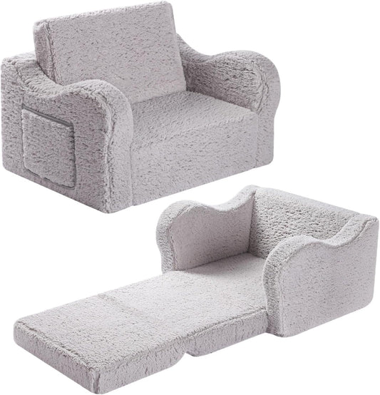 Kids Sofa, 2-In-1 Flip-Out Foam Couch with Soft Sherpa Cover, Cozy Play Lounge Chair, Grey