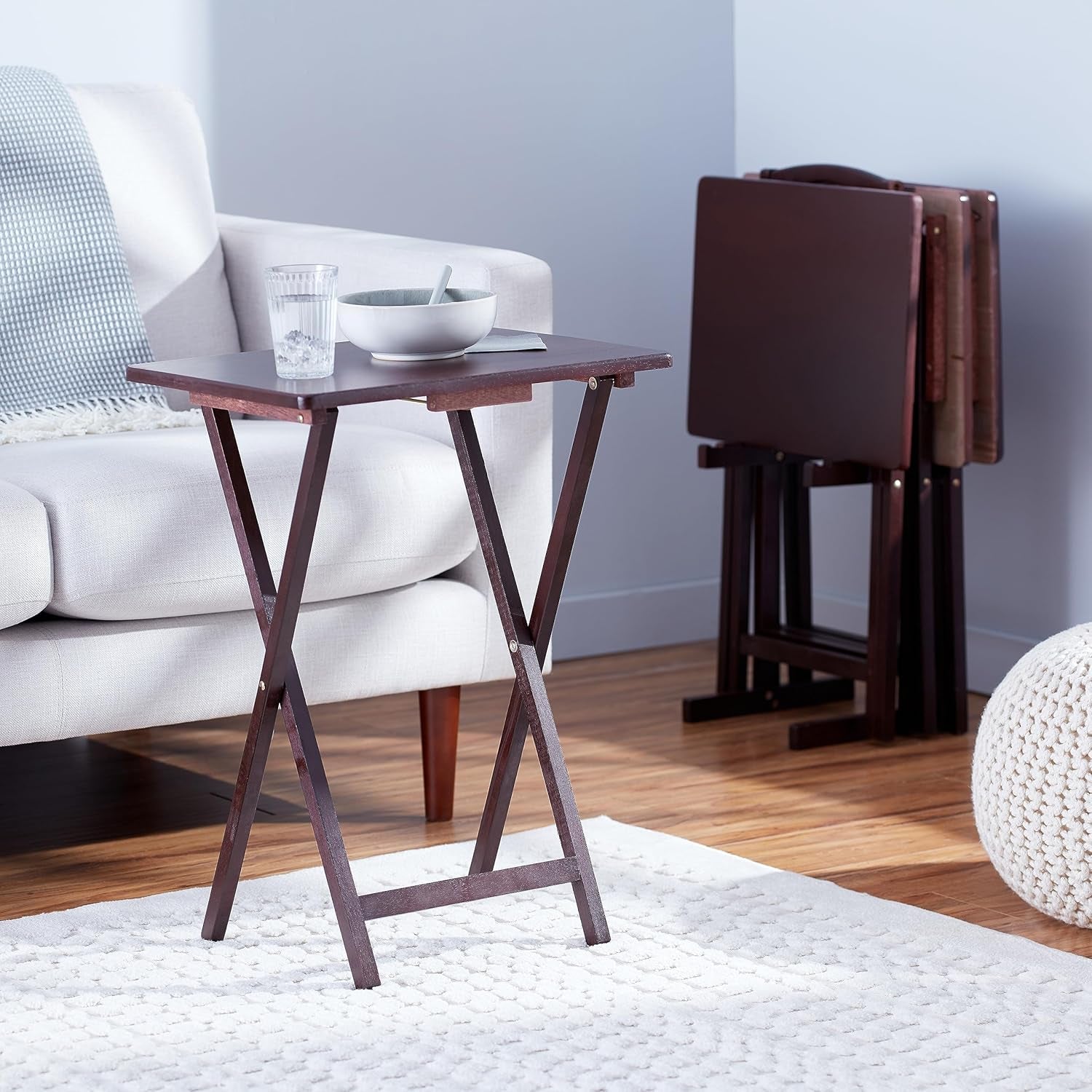 Portable Foldable TV Tray Table with Storage Rack, Space-Saving Design, Sturdy Wood, 14.6"L X 19"W X 26"H, Espresso, 4-Pack
