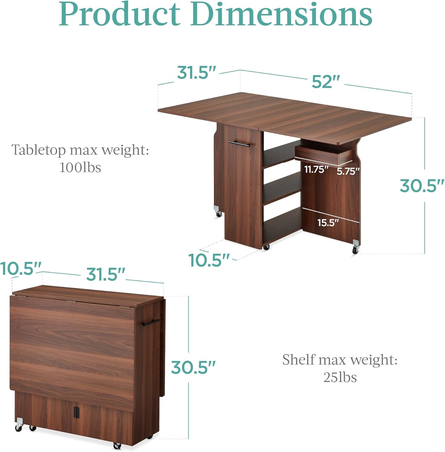 Folding Dining Table, Multipurpose Space Saving Collapsible Drop Leaf Extension Desk W/Wheels, 3 Storage Shelves - Brown