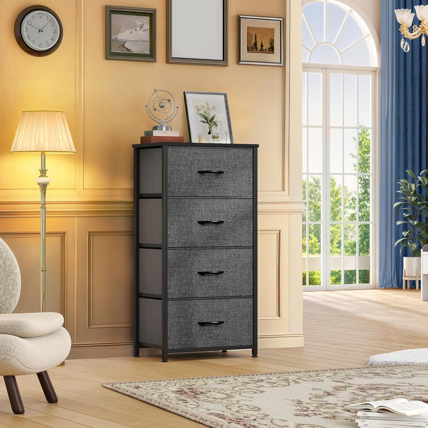 Storage Tower with 4 Drawers - Fabric Dresser, Organizer Unit for Bedroom, Living Room, Closets - Sturdy Steel Frame, Easy Pull Fabric Bins & Wooden Top