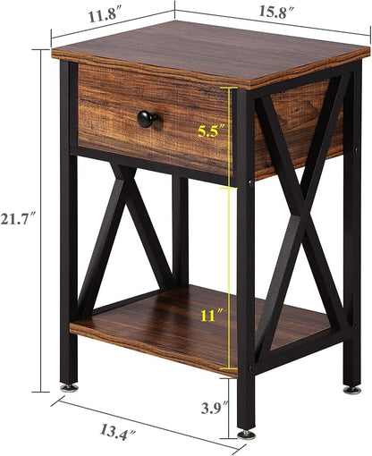 Nightstands Set of 2, Modern Bedside End Tables, Night Stands with Drawer and Storage Shelf for Living Room Bedroom, Industrial Metal Frame