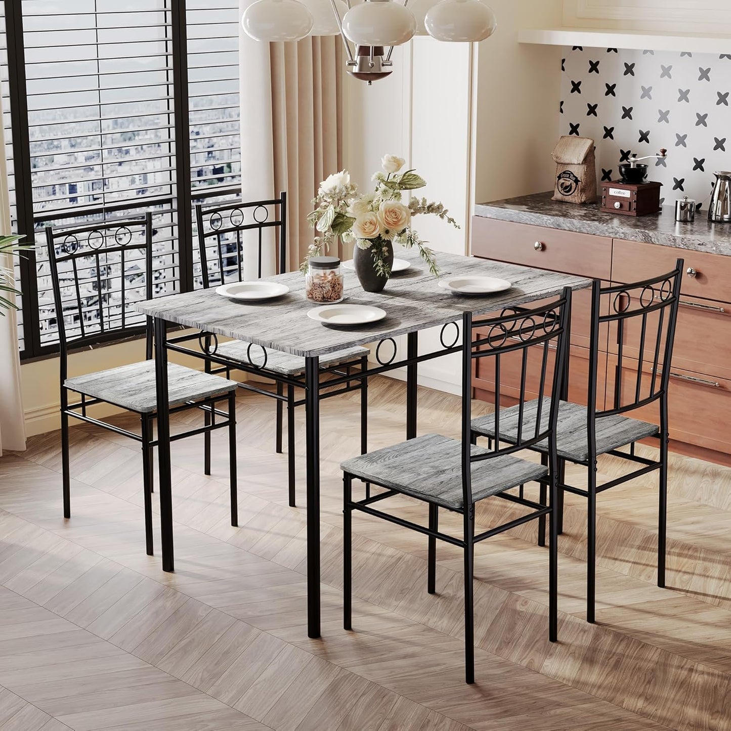 5 Piece Dining Table Set with 1.6" Thick Desktop, Modern Metal&Wood Kitchen Dinner Table with 4 Chairs, Dining Room Table Sets for Small Spaces, Black