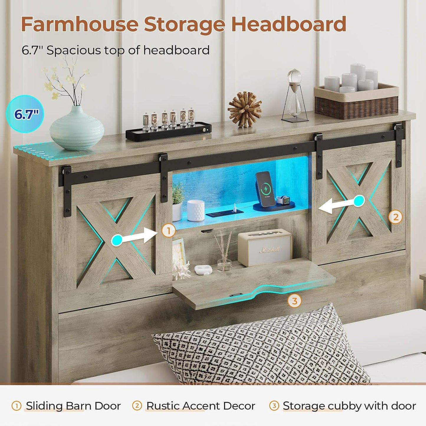 Farmhouse Bed Frame Twin Size with 2 Storage Drawers, Wooden Platform Twin Bed with LED Lights and Charging Station, Rustic Accent Headboard with Sliding Barn Door Storage Cabinets