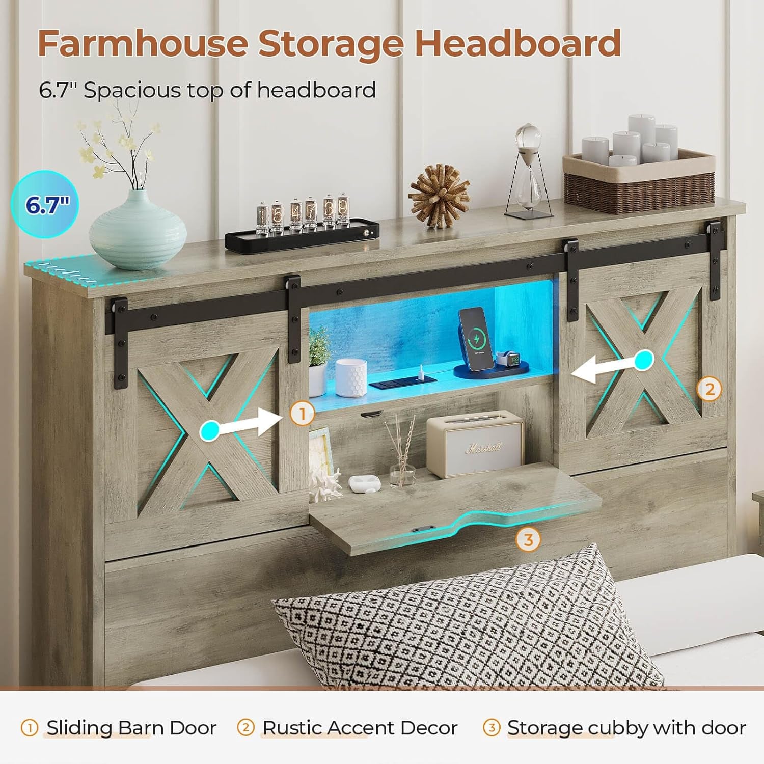 Farmhouse Bed Frame Twin Size with 2 Storage Drawers, Wooden Platform Twin Bed with LED Lights and Charging Station, Rustic Accent Headboard with Sliding Barn Door Storage Cabinets