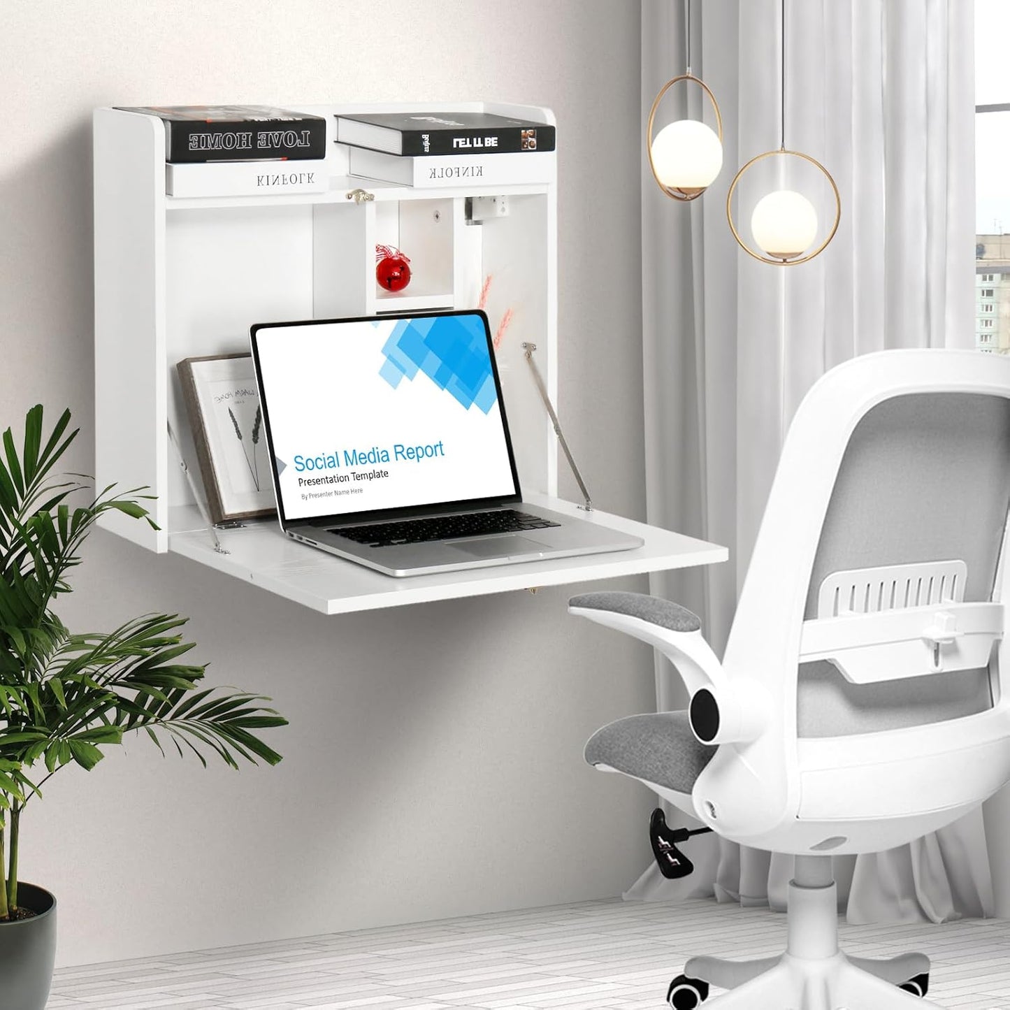 Wall Mounted Table, Multifunctional Fold down Wall Mounted Laptop Computer Desk with Storage Compartments for Home, Office, White