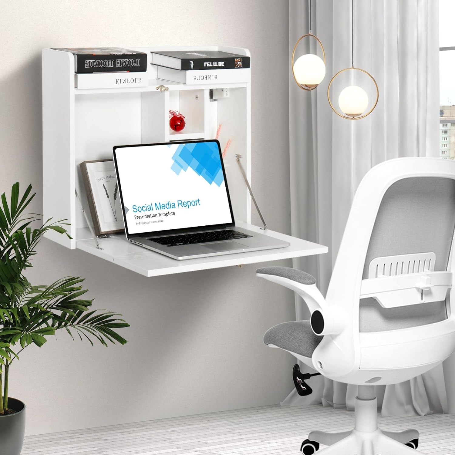 Wall Mounted Table, Multifunctional Fold down Wall Mounted Laptop Computer Desk with Storage Compartments for Home, Office, White