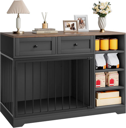 82” Large Dog Crate for 2 Dogs, Dog Kennel Indoor with 4 Drawers and Shelves, Double Dog Crate Furniture TV Stand, Wooden Dog Cage for Medium Large Dogs, Washed White
