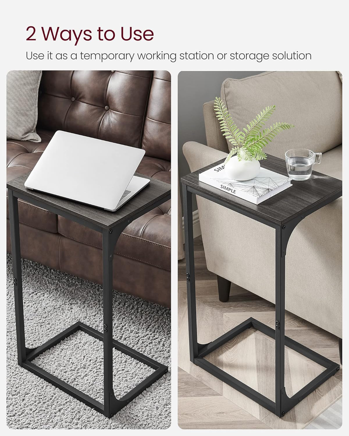 C-Shaped End Table Set, Side Table for Sofa, Couch with Metal Frame, Small TV Tray for Living Room, Bedroom, Greige and Black