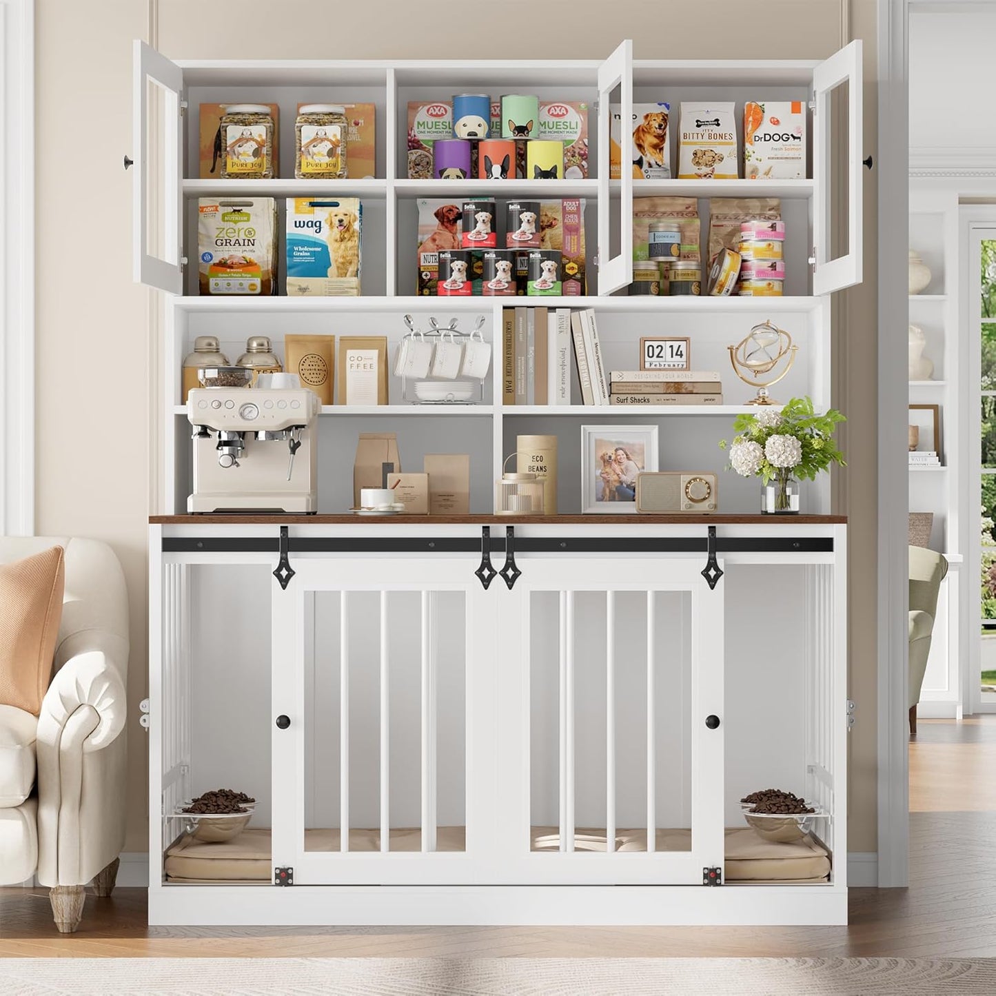 71"H X 55"L Large Dog Crate Furniture with Hutch Shelf and Glass Door, Indoor Dog Kennel with Divider and Feeding Bowls for Large Dogs 2 Pets, Heavy Duty Dog Cage Pet House with 4 Doors, Black