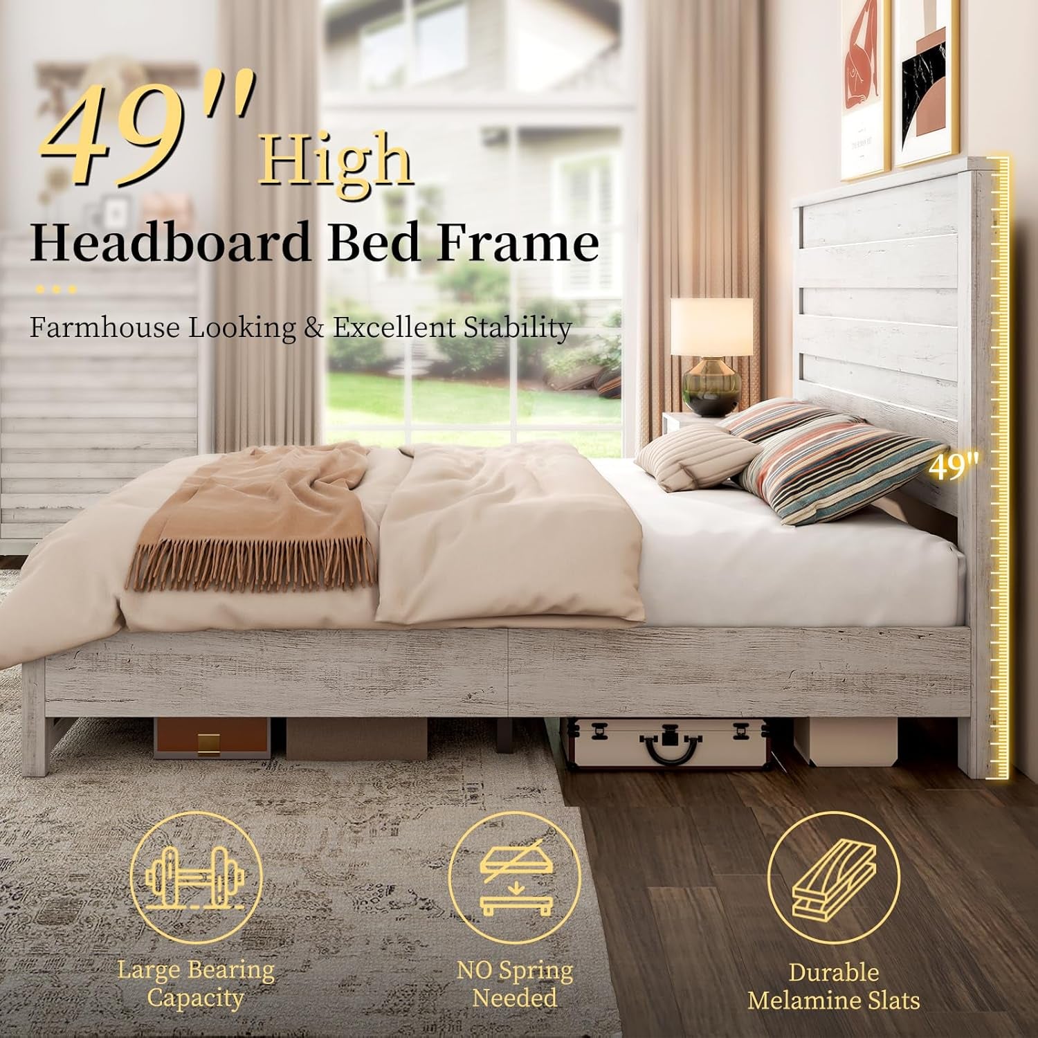 Farmhouse Queen Bed Frame with 49" Tall Headboard, Wooden Platform Bed with Hidden Metal Bed Frame, No Box Spring Needed/Noise Free, Distressed White