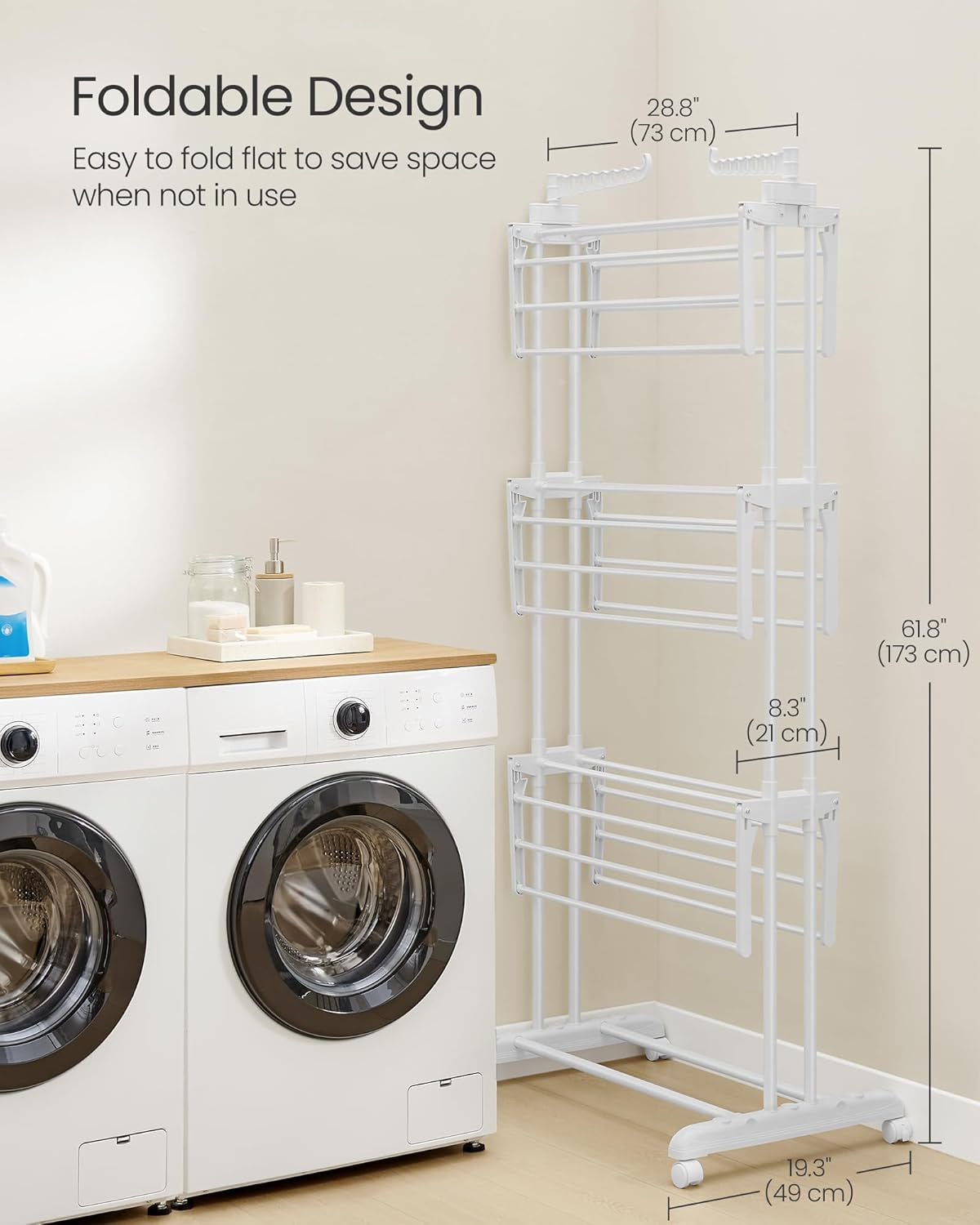 Clothes Drying Rack Stand 4-Tier, Foldable Laundry Drying Rack 68.1-Inch Tall, Stainless Steel, Rolling Clothes Horses Dryer Rack, Easy to Assemble, Indoor Outdoor Use, Cloud White ULLR701W03