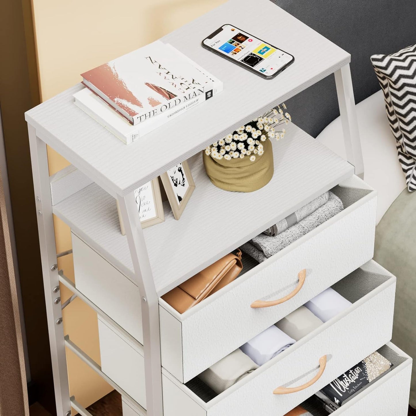 White Dresser with 5 Drawers, Vertical Storage Tower Fabric Dresser for Bedroom, Hallway, Entryway, Nursery, Closet Organizer, Nightstand Bedside Table Furniture, Sturdy Steel Frame, Wood Top