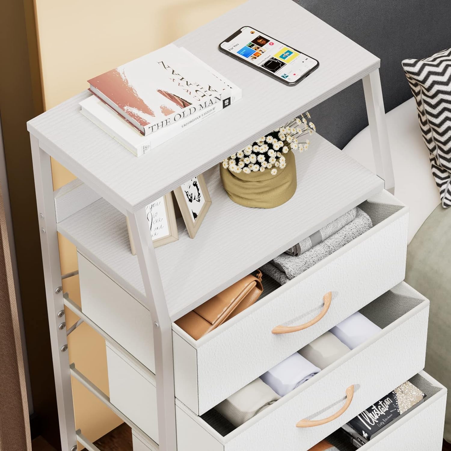 White Dresser with 5 Drawers, Vertical Storage Tower Fabric Dresser for Bedroom, Hallway, Entryway, Nursery, Closet Organizer, Nightstand Bedside Table Furniture, Sturdy Steel Frame, Wood Top