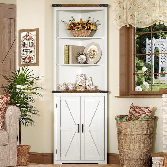 Farmhouse Corner Cabinet, 70" H Tall Corner Hutch with 5 Shelves & 2 Barn Doors, Bathroom Cabinet with Adjustable Shelf, for Living Room, Kitchen, Bathroom, White