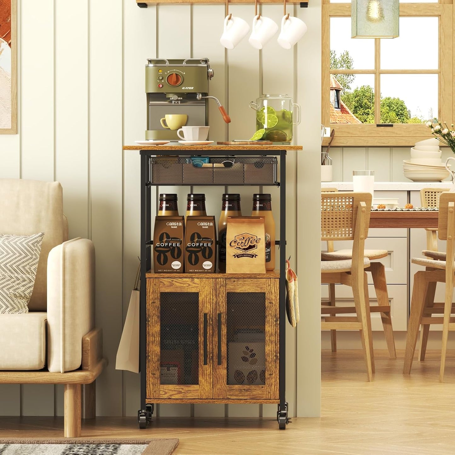 3 Tier Rolling Coffee Cart with 2-Door & Pull-Out Wire Basket Drawer, Movable Coffee Bar Cabinet on Lockable Casters, 32.7" H Microwave Cart with Storage for Home, Kitchen, Dining Room (Rustic Brown)