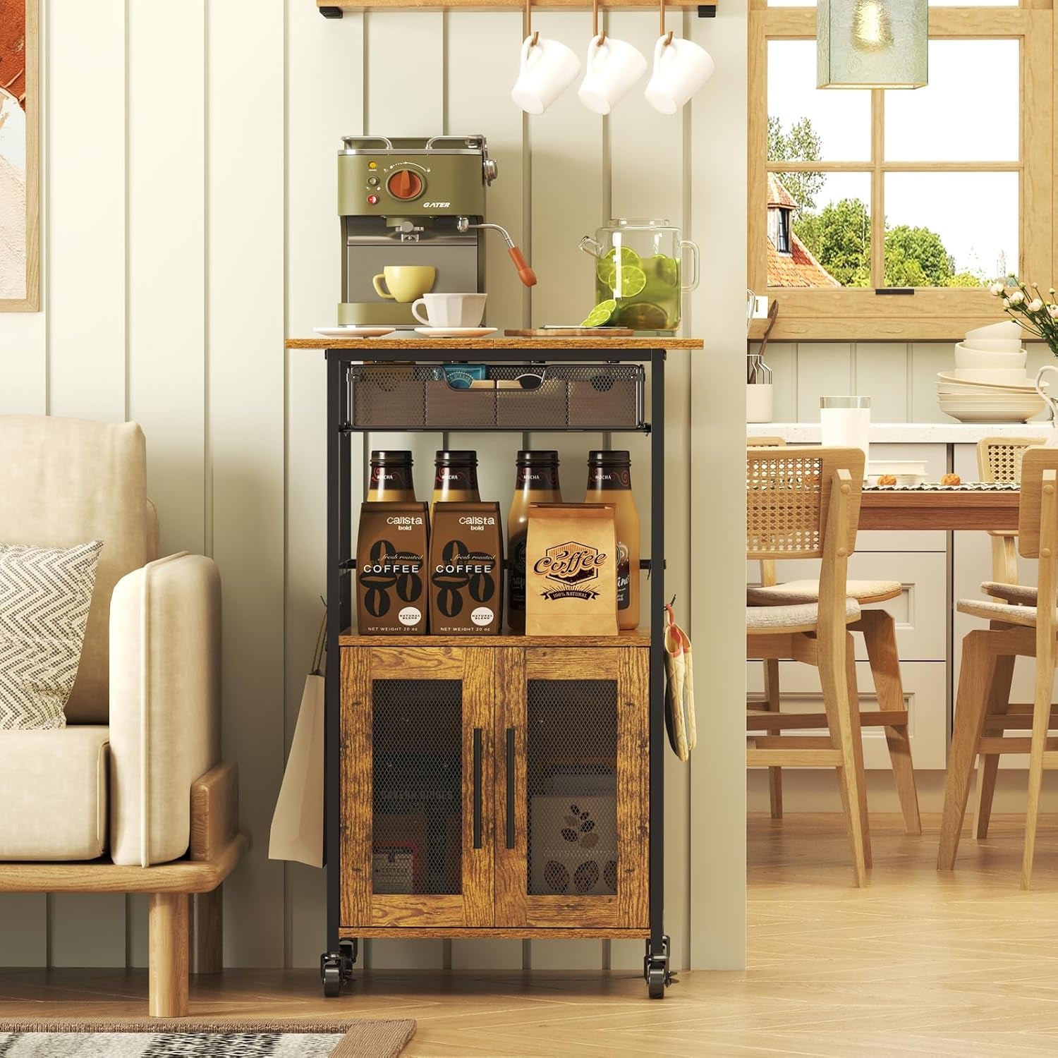 3 Tier Rolling Coffee Cart with 2-Door & Pull-Out Wire Basket Drawer, Movable Coffee Bar Cabinet on Lockable Casters, 32.7" H Microwave Cart with Storage for Home, Kitchen, Dining Room (Rustic Brown)