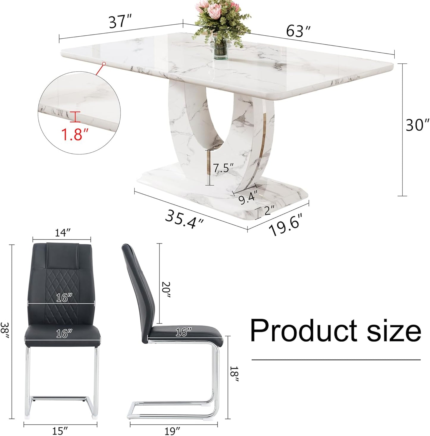 Dining Table Set for 6, Kitchen Table Chairs Set of 6, Modern Dining Room Set with 63'' Marble Dinner Table PU Leather Upholstered Chairs for Kitchen (Black-C, White Table with 6 Chairs)