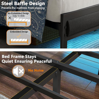 Queen Bed Frame with Headboard and Storage Shelf, LED Light and Charging Station, Metal Platform Bed with Heavy Duty Slats, No Box Spring Needed, Noise Free & Easy Assembly