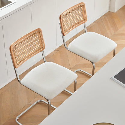 Natural Rattan Counter Height Stools Set of 2 with Solid Wood Back, 24 Inch Mid Century Modern Cesca Bar Stools, White Upholstery Boho Stool for Kitchen Counter with Chrome Metal Legs