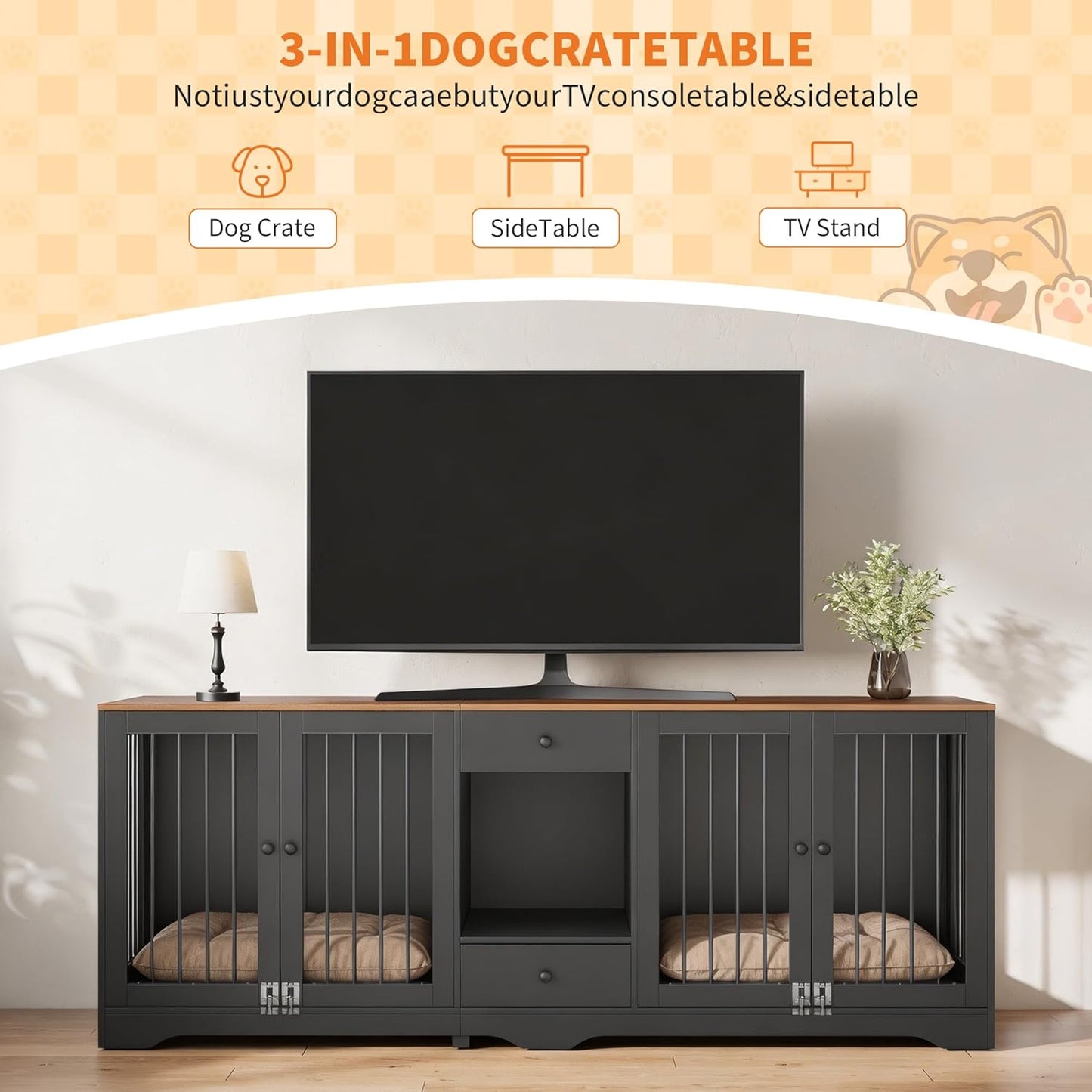 Large Dog Crate Furniture with Secure Locking Latches, 82" Wooden Dog Kennel Furniture with Double Doors, Drawers & 4 Bowls, Heavy-Duty Metal Bars Decorative Pet House for Living Room, Black