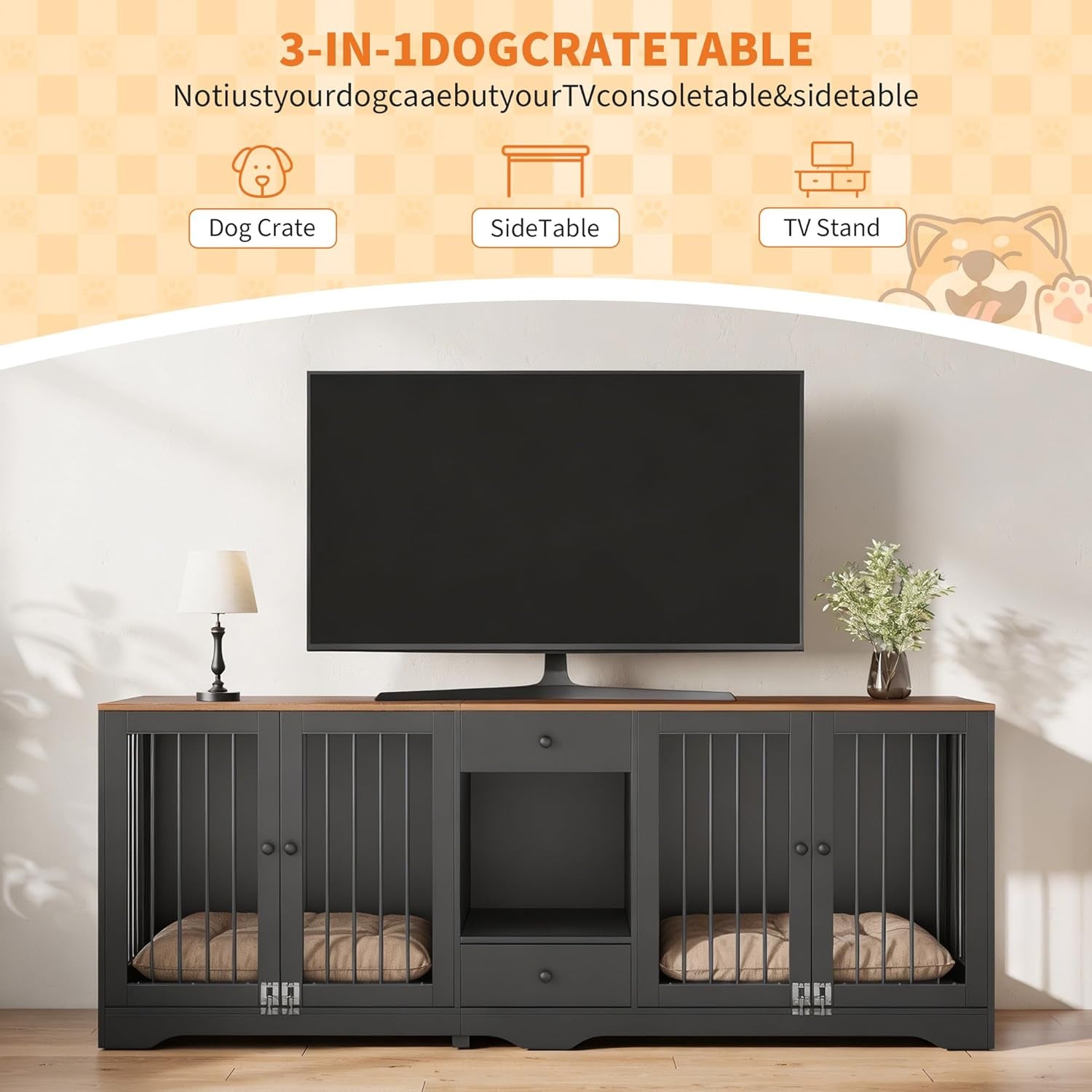 Large Dog Crate Furniture with Secure Locking Latches, 82" Wooden Dog Kennel Furniture with Double Doors, Drawers & 4 Bowls, Heavy-Duty Metal Bars Decorative Pet House for Living Room, Black