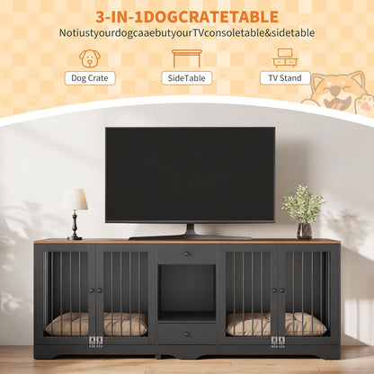 Large Dog Crate Furniture with Secure Locking Latches, 82" Wooden Dog Kennel Furniture with Double Doors, Drawers & 4 Bowls, Heavy-Duty Metal Bars Decorative Pet House for Living Room, Black
